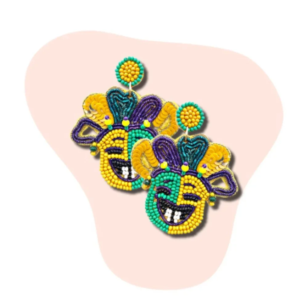 Mardi Gras Mask Statement Beaded Gift Earrings - Picture 2 of 2